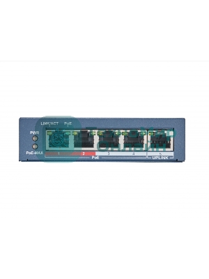 Коммутатор Hikvision DS-3E0105P-E(B) 4 RJ45 100M PoE с грозозащитой 6кВ, 2 порт с высоким приоритетом; 1 Uplink порт 100М Ethernet; бюджет PoE 60Вт; поддержка режима передачи до 250м,10Мб/с, CAT5e; таблица MAC а