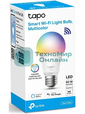 Умная многоцветная Wi‑Fi лампа Tapo Smart WiFi Bulb, A60 size，E27 base, 9.5W, 16 million colors, 2000k-6500k tunable white, 800 lumens brightness and diммable, 802.11b/g/n 2.4G WiFi connection, work with 200-240 V, 50/60 Hz power voltage and frequency, work with Yandex Alice/Goo