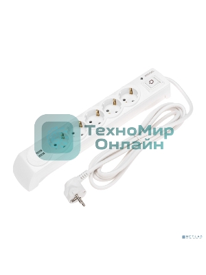 Сетевой фильтр 5 гнезд, 3м, 3х1,5мм², с автовыкл, 2 USB, белый Kranz