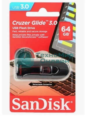Флешка USB Sandisk CZ600 Cruzer Glide (SDCZ600-064G-G35), 64Gb, USB 3.0, R/W 10/20, черный