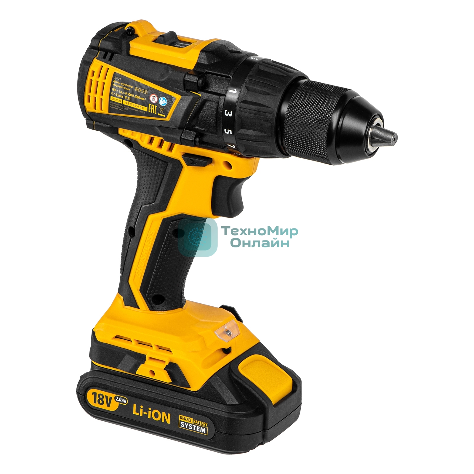 Дрель-шуруповерт Denzel BLDL-IB-18-02, 18 В, 2 Ач, 65 Нм, бесщеточный