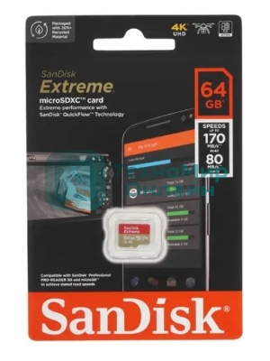 Флеш карта microSD 64Gb SanDisk microSDXC Class 10 UHS-I A1 C10 V30 U3 Extreme 170Mb/s