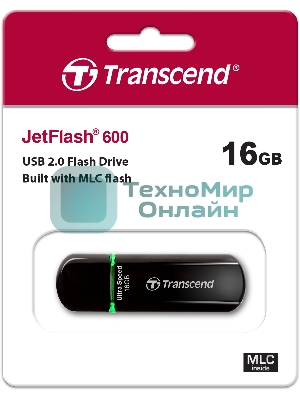 Флешка USB Transcend Jetflash 600 (TS16GJF600), 16Gb, USB 2.0, R/W 30/15, черный/зеленый