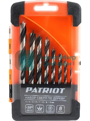 Набор сверл по дереву PATRIOT спиральные, W-образная заточка, 8 шт: 3, 4, 5, 6, 7, 8, 9, 10 мм, в пластиковом боксе