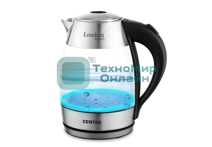 Чайник электрический Centek CT-0059 London, стекло, 1.8л, 2200Вт, LED-подсветка, отделка нерж.