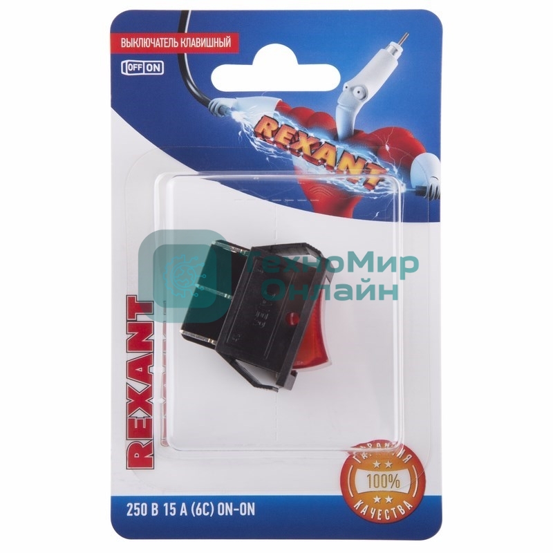 Выключатель клавишный Rexant 250V 15А (6с) ON-ON красный с подсветкой (RWB-506, SC-767) (в упак. 1 шт.)