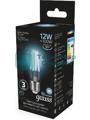 Лампа cветодиодная Gauss Filament А60 12W 1250lm 4100К Е27 LED 1/10/40