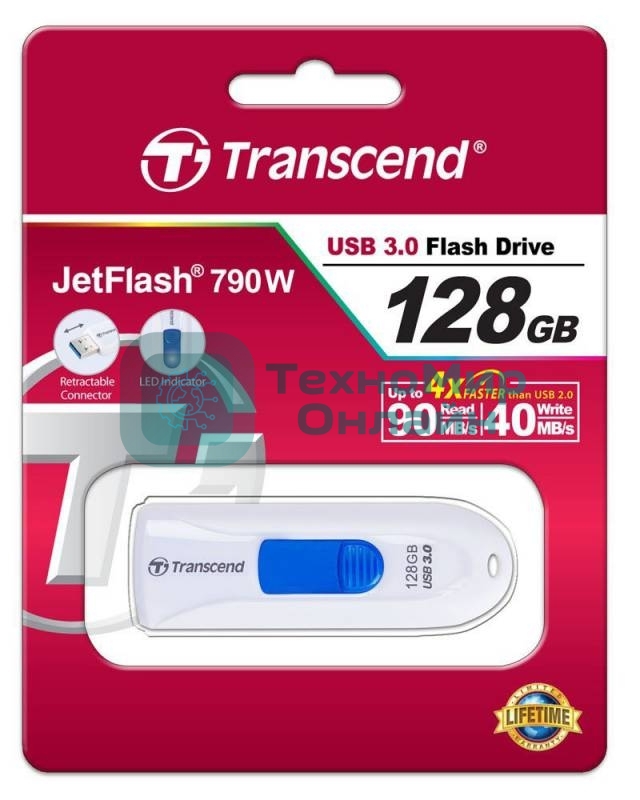 Флешка USB Transcend Jetflash 790 (TS128GJF790W), 128Gb, USB 3.0, R/W 90/40, белый