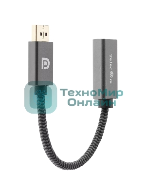 Кабель-переходник DP --> HDMI-F 0.2m, серый металлик, оплетка, 4K@60Hz, Telecom (TA560)