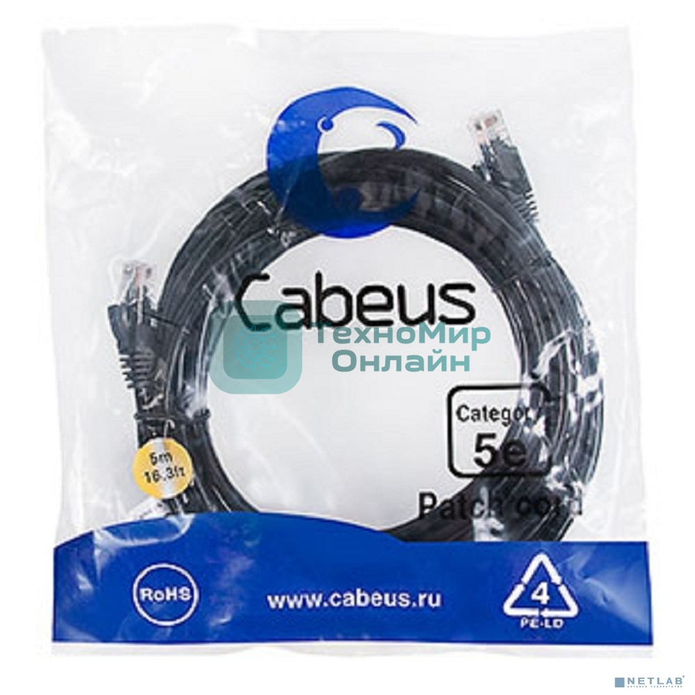 Шнур коммутационный Cabeus, Cat.5e, неэкр., U/UTP, RJ45/RJ45, PVC, AWG24, 5м, черный