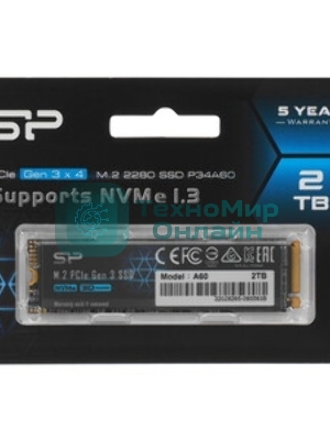 Накопитель SSD Silicon Power P34A60, 2Tb, PCIe 3.0 x4, M.2 2280, NVMe, R/W 2200/1600