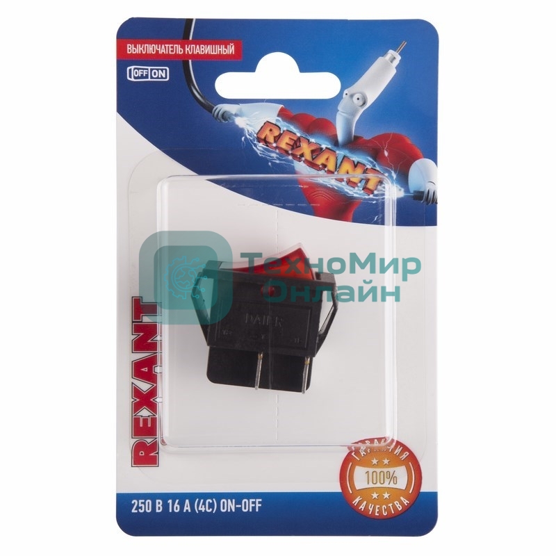 Выключатель клавишный Rexant 250V 16А (4с) ON-OFF красный с подсветкой (RWB-502, SC-767, IRS-201-1) (в упак. 1 шт.)
