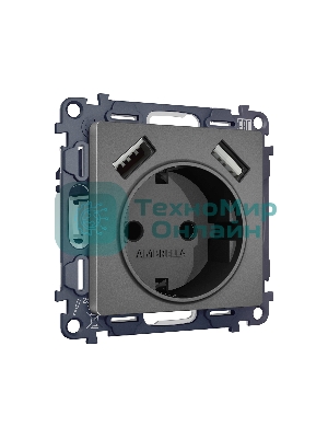 Комплект механизма электрической розетки ALFA Антрацит серый 2USB A+A 18W (быстрая зарядка) с/з QUANT (AP6590, VM155) MA659010