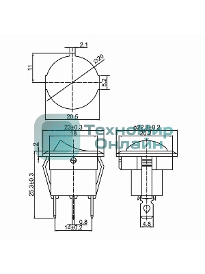 Выключатель клавишный Rexant круглый 12V 20А (3с) ON-OFF синий с подсветкой