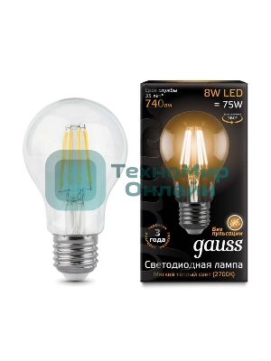 Лампа светодиодная Gauss Filament A60 E27 8Вт 2700К