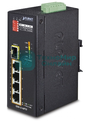 Индустриальный PoE коммутатор Planet ISW-514PTF для монтажа в DIN-рейку IP30 4-Port/TP + 1-Port Fiber(SFP) POE Industrial Fast Ethernet Switch (-40 to 75 C)