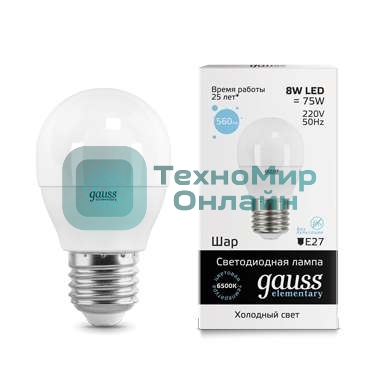 Лампа светодиодная LED Gauss Elementary Globe 8Вт E27 6500К