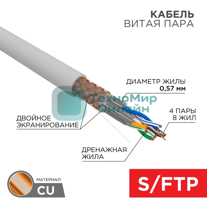 Кабель витая пара Rexant PRO, S/FTP, CAT 6A, ZH нг(А)-HF, 4х2х0,575мм, 23AWG, INDOOR, SOLID, серый, 305м