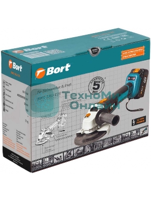 Угловая шлифовальная машина аккумуляторная Bort BWS-18Li-125 Диам. диска 125 мм; Аккумулятор 4 А.ч; Скорость холостого хода 4 000 - 9 000 об/мин;