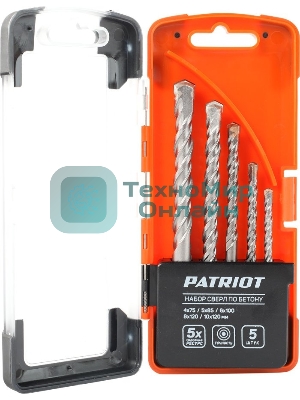 Набор сверл по бетону PATRIOT, 5 шт: 4x75 мм, 5x85мм, 6x100 мм, 8x120 мм, 10x120 мм, в боксе