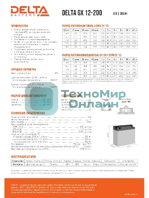 Аккумуляторная батарея Delta BATTERY GX 12-200