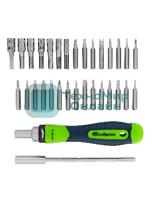 Отвертка реверсивная Сибртех для точных работ с набором бит и торцевых головок, 32 предметов, CrV