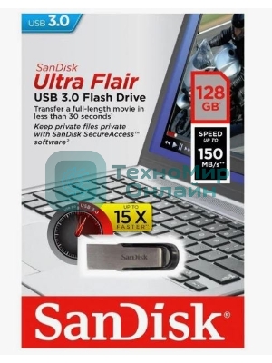 Флешка USB Sandisk CZ73 Cruzer Ultra Flair (SDCZ73-128G-G46), 128Gb, USB 3.0, R/W 150/45, серебристый/черный