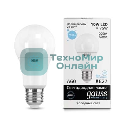 Лампа светодиодная LED Gauss Elementary A60 10Вт E27 6500К