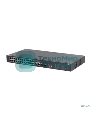 Коммутатор неуправляемый 24-портовый DAHUA DH-S3226-24ET-240 с РоЕ, 24xRJ45 100Mb PoE, 2хКомбо SFP/RJ45 1Gb uplink, суммарно 240Вт, коммутация 8.8 Гбит/с, MAC-таблица 8К