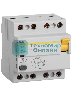 Выключатель дифференциального тока (УЗО) 4п 25А 100мА тип AC ВД1-63 IEK MDV10-4-025-100
