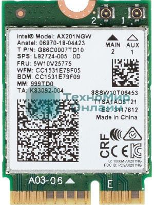 Плата сетевого контроллера Intel® Wi-Fi 6 AX201, 2230, 2x2 AX+BT, No vPro®,999TD0