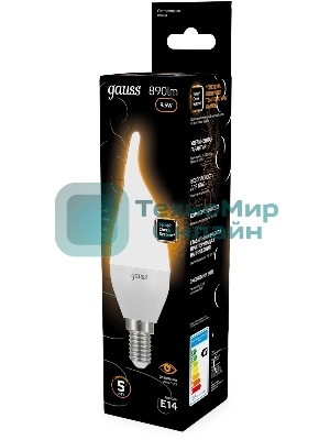 Лампа светодиодная Gauss 9.5Вт цок.:E14 свеча 220B св.свеч.бел.теп. (упак.:10шт) (104101110)