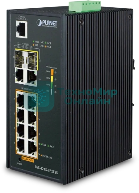 Коммутатор индустриальный PoE IGS-4215-8P2T2S для монтажа в DIN-рейку IP30 Industrial L2/L4 8-Port 10/100/1000T 802.3at PoE + 2-Port 10/100/100T + 2-Port 100/1000X SFP Managed Switch (-40~75 degrees C), dual redundant power input on 48~56VDC terminal block, SNMPv3, 802.1Q VLAN, IGMP Snooping, SSL, SSH, ACL