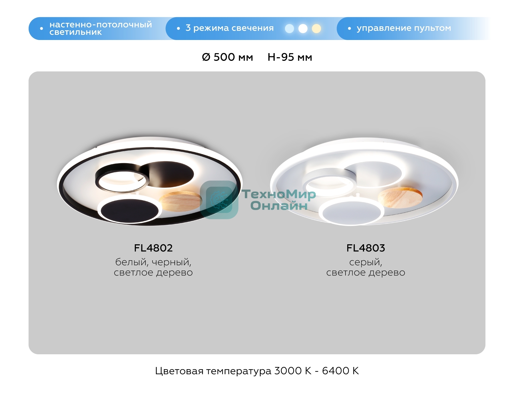 Светильник Ambrella light FL4802 WH/BK белый/черный 3000K-6400K 70W D500*95 (ПДУ ИК)