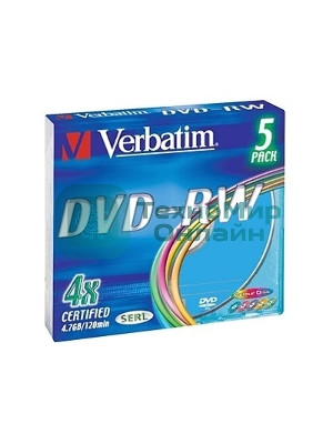 Диск DVD-RW Verbatim 4.7Gb 4x Slim case (5шт) Color (43563)