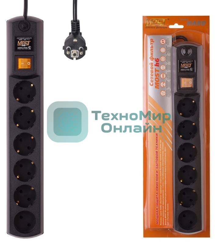 Сетевой фильтр Most H6 5м, 6 розеток, черный, коробка