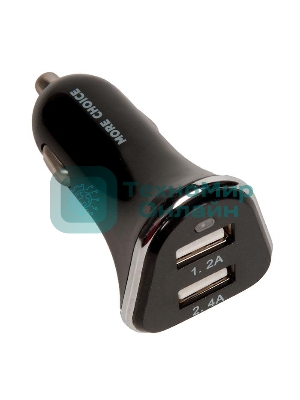 Автомобильная зарядка (от прикуривателя) 2USB 2.4A для Type-C More choice AC22a черный