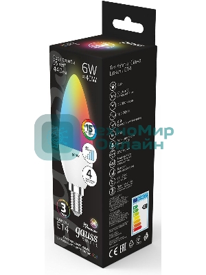 Лампа светодиодная Свеча Gauss 6W E14 RGbW+димирование LED 1/10/100
