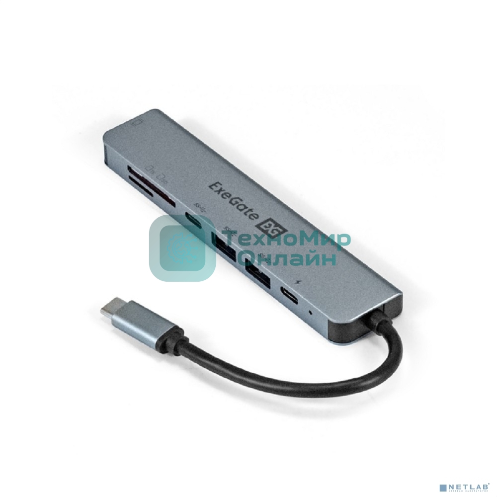 USB-концентратор ExeGate EX293983RUS DUB-21C/PD/CR/H (кабель-адаптер USB Type-C --> 2xUSB3.0 + Card Reader + PD 100W + HDMI 4K@60Hz, Plug&Play, серый)