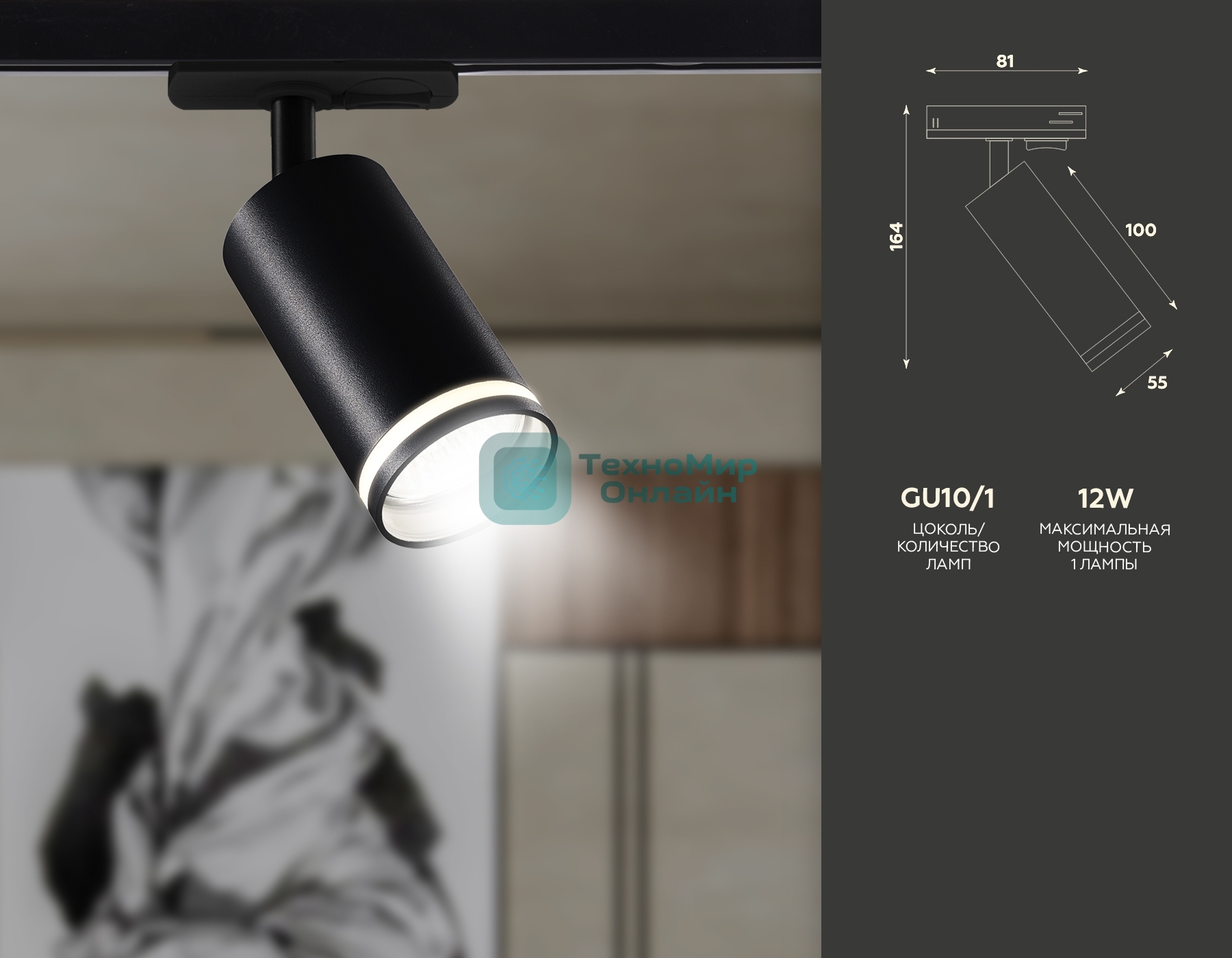 Трековый однофазный светильник Ambrella light GL5202 BK черный GU10 max 12W