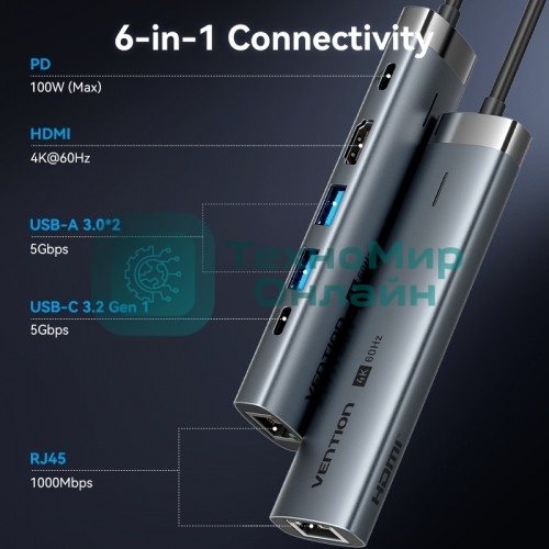 Мультифункциональный хаб Vention USB-C 6 в 1, шт.