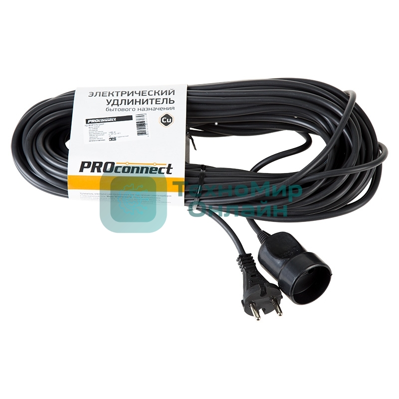 Удлинитель-шнур PROconnect ПВС 2х0.75, 20 м, б/з, 6 А, 1300 Вт, IP20, черный