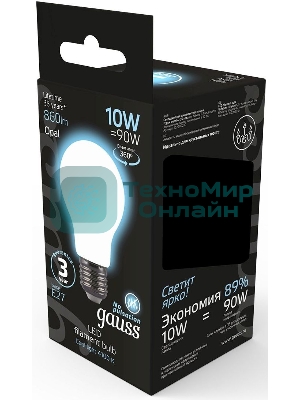 Лампа светодиодная Gauss 10Вт цок.:E27 шар 220B 4100K св.свеч.бел.нейт. A60 (упак.:10шт) (102202210)