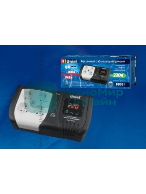 Стабилизатор напряжения UNIEL (9622) U-ARS-1000/1 серия Standard - Expert 1000 ВА(Однофазный электронны(релейный)стабилизатор,цифровой дисплей,номинальная мощность 1,0кВА,диапазон входного напряжения 145-280В,выходное напряжение 220+/-10%В,частота 50/60Гц,точность стабилизации 10%,Макс.ток 2,5А.Размер: 258x140x93мм, Вес: 2.3кг.)