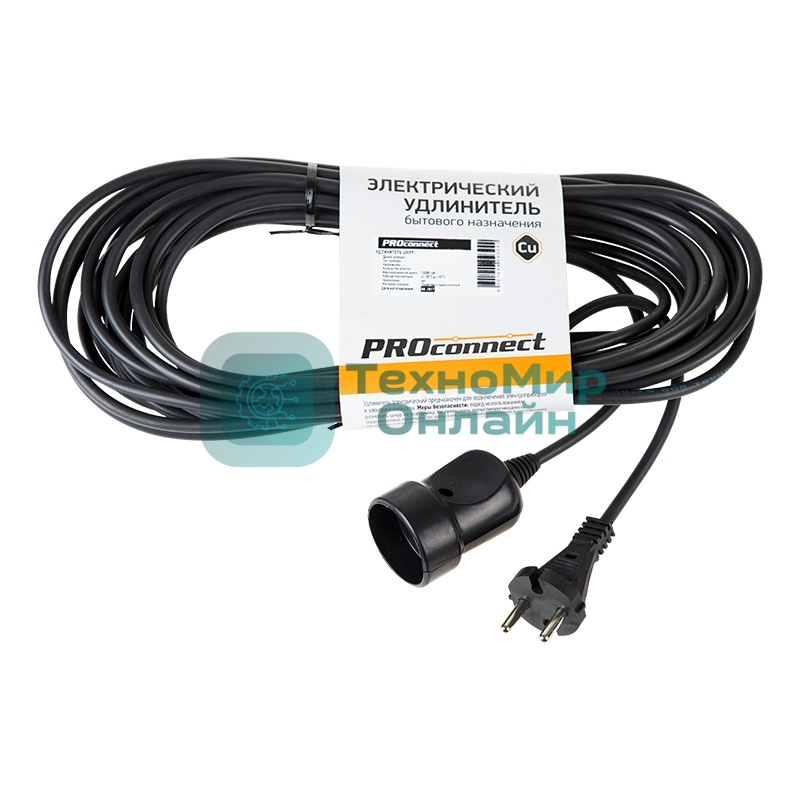 Удлинитель-шнур PROconnect ПВС 2х0.75, 10 м, б/з, 6 А, 1300 Вт, IP20, черный