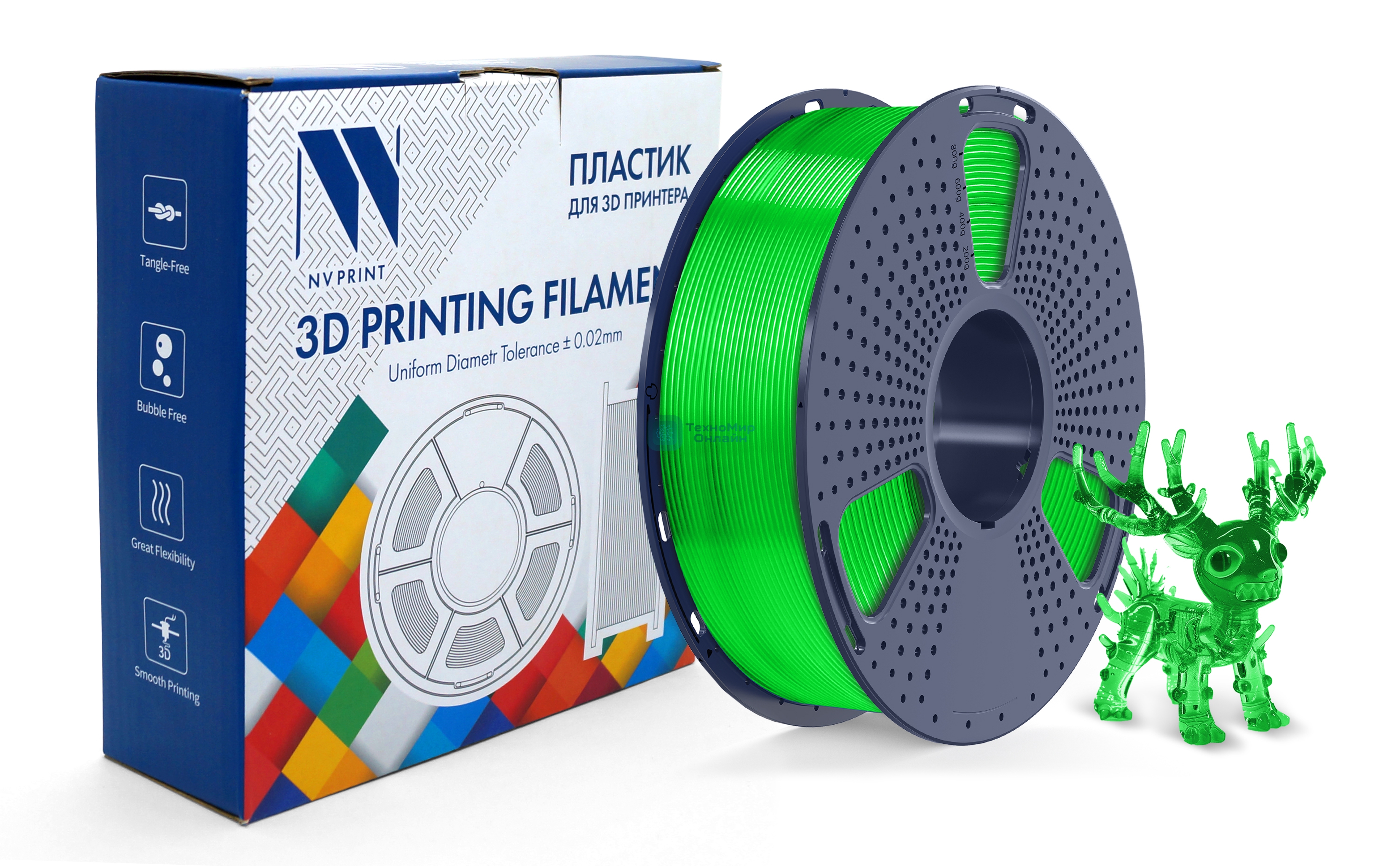 Филамент NVPrint PLA+ Trasparent Green для 3D печати диаметр 1.75мм длина 330 метров масса 1 кг