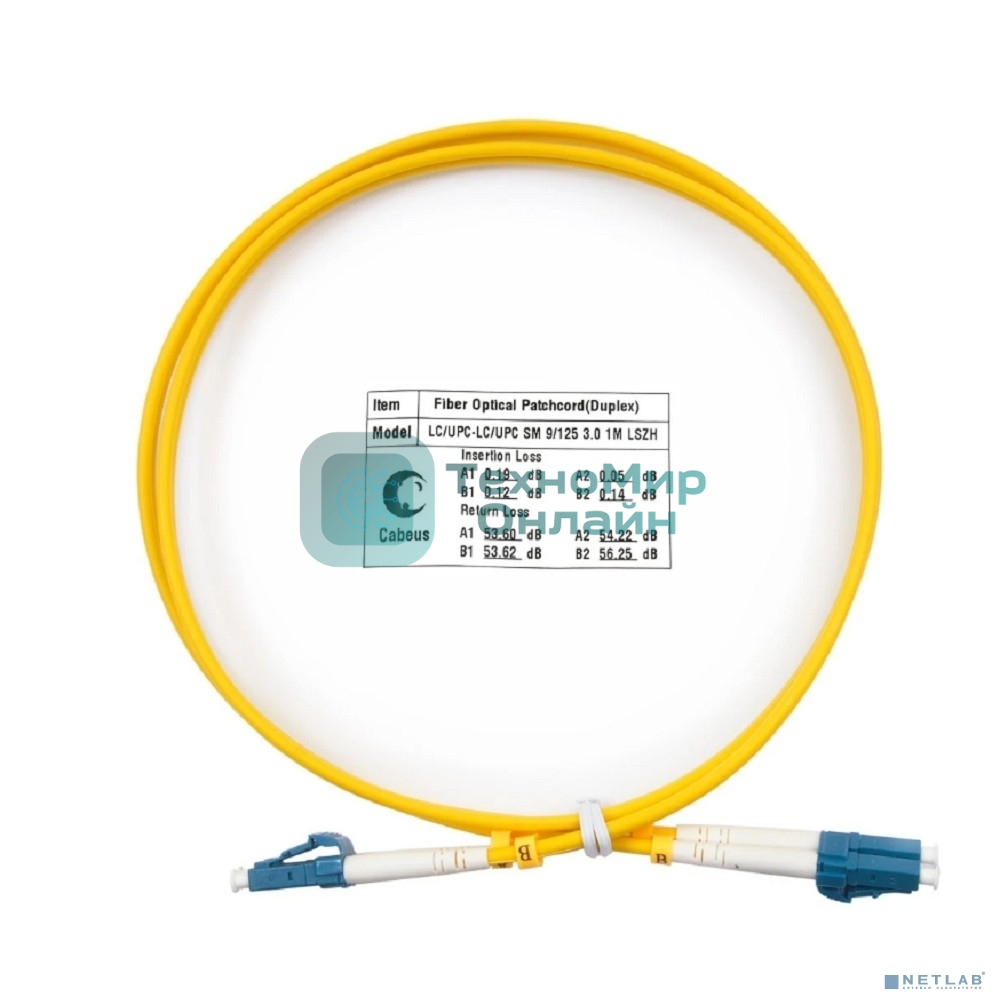 Комм. шнур оптический Cabeus Tight Buffer, Duplex LC/LC, OS2 9/125, LSZH, 1м, Ø 3мм, синий хвостовик, желтый
