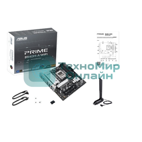 Материнская плата ASUS PRIME B840M-A WIFI, AM5, AMD B840, 4xDDR5, 4xSATA III, 3xM.2, 1xPCIe 4.0 x16, 2xPCIe 3.0 x16 (x1), 2xDP, 1xHDMI, 1x 2.5Gb LAN, Wi-Fi 6E, 2xUSB-A 10Gbps, 1xUSB-C 5Gbps, 4xUSB-A 2.0, 3x3.5 мм, 7.1, micro-ATX