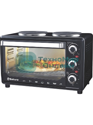 Мини-печь Sakura SA-7002HBK 48л, 3600Вт, духовка 2000Вт, конфорки 185мм+155мм (1000Вт+600Вт), механ.управление, 3 режима работы духовки (верх, низ, верх+низ), раздельная регулировка температуры духовки и конфорок, комплектация - металлическая решетка, противень и ухват. чёрны