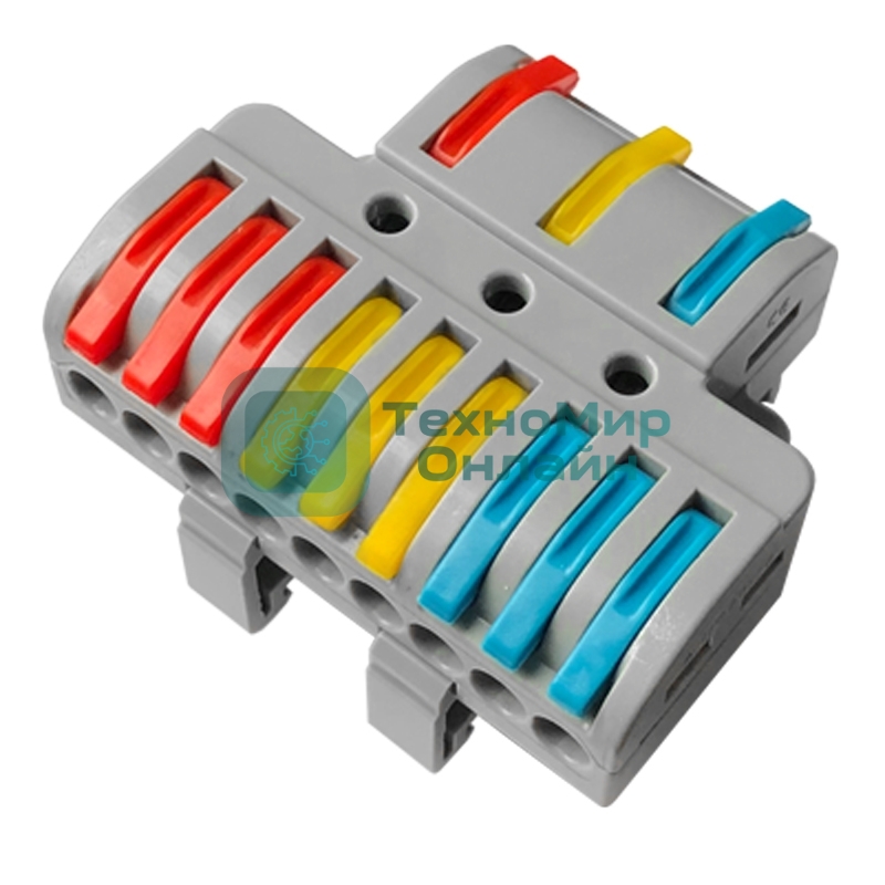 Клемма СМК Rexant 3х3D проходная разветвительная 3 полюса на DIN-рейку (0,08-4 мм²) (1 ввод, 3 вывода на полюс) серый (15 шт/уп)